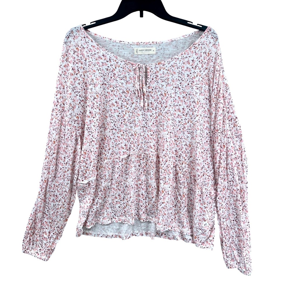 Lucky Brand Floral Peplum Top Womens XL Pink Tie Neck Peasant Boho Cottagecore